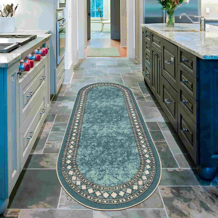 Modern Bordered Oval Blue Area Rugs
