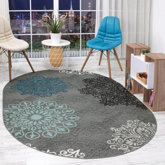 Modern Floral Rug 5x7 Gray Oval